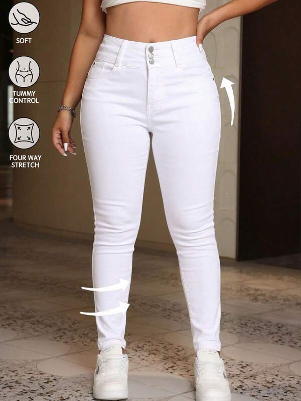 Jeans ajustados para mujer con cintura de dos botones alta elasticidad y diseño que realza la figura