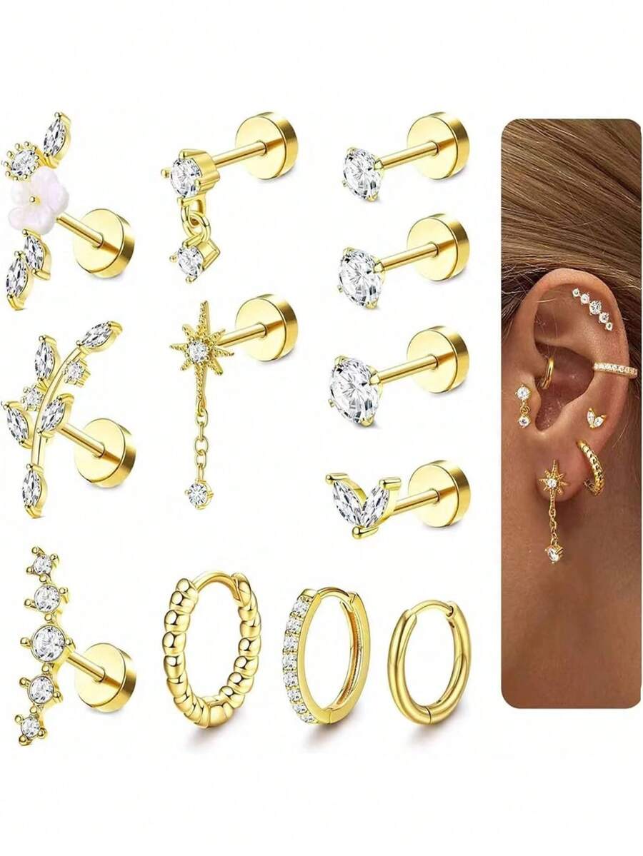 12pcs/Set Gold Color Earrings, Circular Barbell Earrings With 4-Prong Cubic Zirconia - Multicolor - View 1