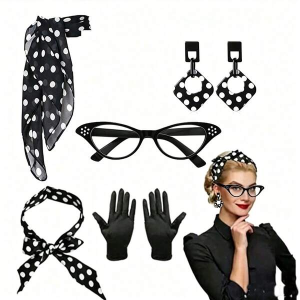 50 Stücke Jahre Vintage Kostüm Accessoire Set, enthält gepunktetes Kopftuch, Krawatte, Haarband, Ohrringe, Schal, Handschuhe, Schwarz, geeignet für Halloween und Abschlussball