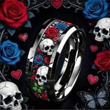 8mm Polished Black Tungsten Carbide Ring With Gothic Skull, Red & Blue Rose, Heart And Butterfly Pattern, Day Of The Dead Motorcycle Style Personalized Ring, Ergonomic Fit Unisex Jewelry, Gift For Gothic And Rock Enthusiasts - Multicolor - View 3