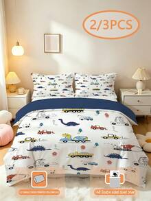 Set Sprei Anak Motif Dinosaurus Kartun 2/3pcs (Seri Musim Semi/Panas) Set Sarung Selimut Cetak Dua Sisi, Cocok Untuk Anak-anak, Remaja, Laki-laki dan Perempuan, Semua Musim, Penutup Resleting (Isi Tidak Termasuk), Ukuran Sarung Bantal 50x75cm, 100% Poliester - MultiWarna - View 7