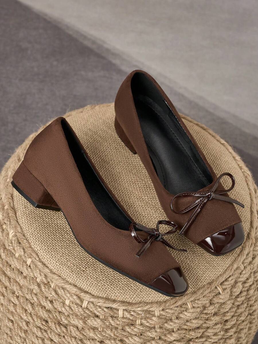 MonaNise Square Toe Low Block Heel Work Pumps - Brown - View 1