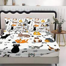 3-Piece Cute Cartoon Kitten Print Bedding Set (1 Fitted Sheet + 2 Pillowcases, No Inserts). Soft Skin-Friendly Polyester Material, Hand Washable Or Machine Washable. Simple And Cute Design, Suitable For Bedroom, Guest Room, Dormitory And Travel Use. - Multicolor 2 - View 5