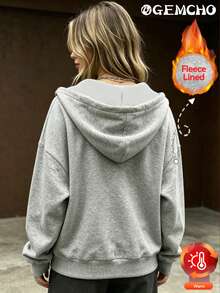 GEMCHO Women's Casual Loose Open Front Drop Shoulder Drawstring Hooded Sweatshirt Jacket With Pockets, Suitable For Daily Commute/Casual Outing/Home/Workout, Warm And Comfortable - Autumn/Winter Spring Sports - Grey - View 9