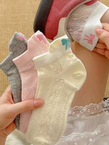 6 Pairs Summer Pure Cotton Short Socks, Thin Breathable Low-Cut Socks, Seamless Socks With Embroidered Bow On Heel - Multicolor - View 1