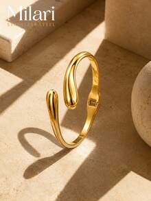 18K Gold Plated Stainless Steel Waterproof Tarnish Free Wavy Liquid Metal Waterdrop Open Cuff Hinged Bangle Set Minimalist Fashion Jewelry - Liquid Metal Art - View 9