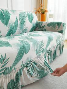 1pc Skirt Sofa Cover, Tropical Plant Print Pattern, Dust-Proof & Dirt-Resistant, Elastic One-Piece Full Coverage Skirt Sofa Protector, Living Room Home Decor, 1/2/3/4 Seater Sofa Decoration, All Season Universal, Machine Washable & Hand Washable - Sprout Green - View 1