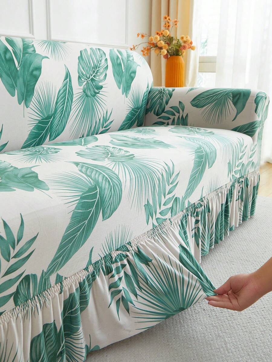 1pc Skirt Sofa Cover, Tropical Plant Print Pattern, Dust-Proof & Dirt-Resistant, Elastic One-Piece Full Coverage Skirt Sofa Protector, Living Room Home Decor, 1/2/3/4 Seater Sofa Decoration, All Season Universal, Machine Washable & Hand Washable - Sprout Green - View 1