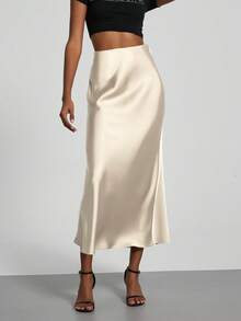 Elegant Textured Satin Midi Skirt That Flatters The Figure. - 杏色 - 查看 1
