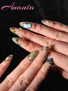 10pcs Almond Shaped Artificial Nails, Handmade Press-On Nails, Y2K Style, Premium Quality, Decorated With Multi-Color Rhinestones And Asymmetrical Metallic Lines, Thick Textured, Suitable For Parties, Weddings, Daily Wear, Includes Tool Kit, Ideal For Girls And Women - Multicolor - View 5