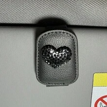 1pc Cute Rhinestone Heart Car Fashion Glasses Clip, Leather Sun Visor Eyeglass Holder, Multifunctional Card Clip For Car Interior Decoration - Love - View 4