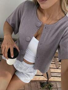女士新款圆领短袖针织上衣，简约通勤款，春夏款 - 紫灰色 - 查看 4
