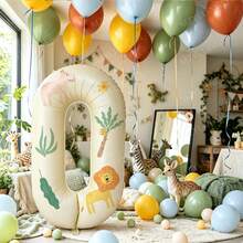 32 Inch Cream 0-9 Number Balloon Set With Jungle Animal Stickers, Large Foil Balloons, Suitable For Children's Adventure Activities, Birthday Party Decorations, Wildlife Theme Party, Wedding, Birthday, Bachelor Party, Bachelorette Party And Other Jungle Animal Theme Parties. - Sticker Version - Milky White - View 3