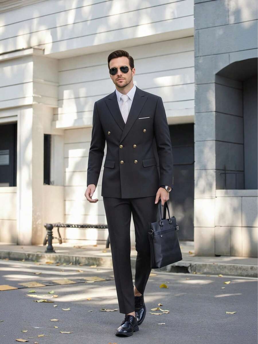 時尚新款男士商務雙排扣素色西裝外套 + 長褲，男士婚禮兩件式西裝外套與長褲，高品質正式服裝