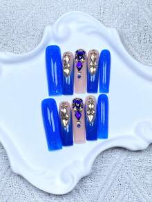 10 Peças Unhas Postiças Feitas à Mão, Base Nude com Glitter Azul Royal Ombré, Strass Roxo & Encantos de Diamante de Metal Dourado, Unhas Falsas de Luxo para Festa e Festival, Kit de Unhas de Gel Reutilizável com Lixa de Unha & Cola de Gelatina - Multicolorido - Visão 2