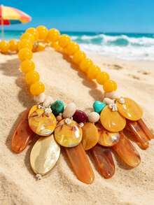 Chunky Amber Statement Bib Necklace, Multicolor Oversized Choker, Summer Tropical Beach Resort Bold Collar Jewelry - Multicolor - View 6