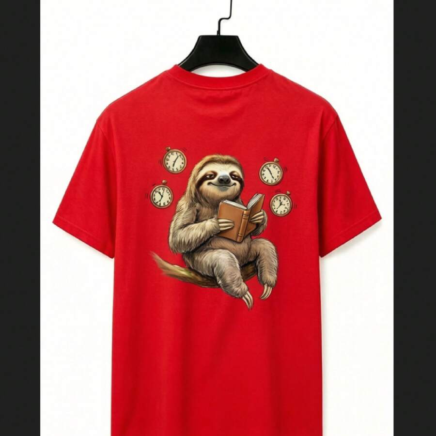 Pure Cotton T-Shirts, Men's T-Shirts, Women's T-Shirts, Printed T-Shirts, Short-Sleeved T-Shirts, Modern And Casual, With A Sloth Print. - 紅色 - 查看 1