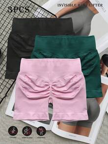 3pcs/Pack Women High Waist Yoga Sports Tight Shorts With Wide Waistband, Seamless Heart-Shaped Butt-Lifting Shorts, Outdoor Fitness Running Sports Pants, Breathable High Stretch Cycling Shorts Summer - Multicolor - View 9