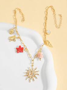 1 pieza Collar de estilo de vacaciones en el océano con estrella de mar, concha y caracol, collar de cadena de tortuga azul multifuncional, versión para niños - Dorado - Ver 4