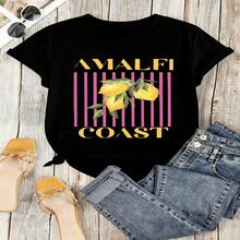 Amalfi Coast Lemon Graphic T-Shirt, 100% Cotton Oversized Soft Breathable Retro Casual Crewneck Short Sleeve Top, Summer Vibes Aesthetic Tee For Women & Travel Lovers - 黑色 - 查看 18