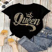 Queen Crown Graphic T-Shirt, 100% Cotton Oversized Soft Breathable Casual Crewneck Short Sleeve Top, Retro Glamor Style Tee For Women & Royal Fashion Lovers - 黑色 - 查看 18