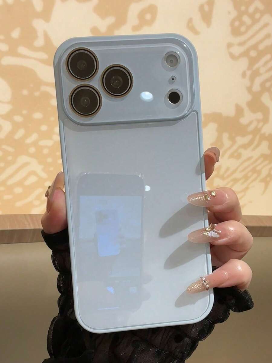 1 funda elegante para teléfono, no incluye cordón ni soporte. Funda para teléfono 16 ProMax de color sólido de verano, estilo macaron, con textura de vidrio transparente, borde  y protector de lente, a prueba de huellas dactilares, minimalista, para modelos 13/14 Pro/15 Pro/11/12. - Celeste - Ver 1