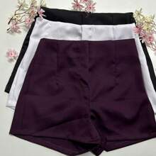 Set Of 3 Women's Tailored High-Waisted Dress Shorts, Elegant, Casual, Summer Fashion, Work, Office - 黑/白/紫 - 查看 1