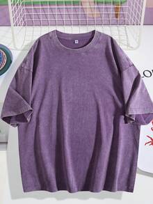 Men's Dark Gray Saturn And Star Print T-Shirt - Soft Stretch Knit Fabric, Space-Themed Crew Neck Short Sleeve, Street Style Versatile - 紫色 - 查看 2