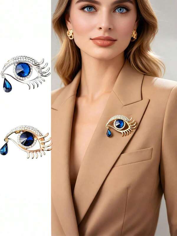 1 chiếc ghim cài áo mắt quỷ phong cách vintage, mặt dây chuyền hình giọt nước đính đá sapphire xanh và đá rhinestone, ghim cài ve áo hình mắt lông mi, ghim cài áo blazer sang trọng cho nữ, trang sức quà tặng cho tiệc và đeo hàng ngày