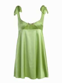 French Satin Tray Dress With Lace-Up Straps And Adjustable Drawstring - 綠色 - 查看 4
