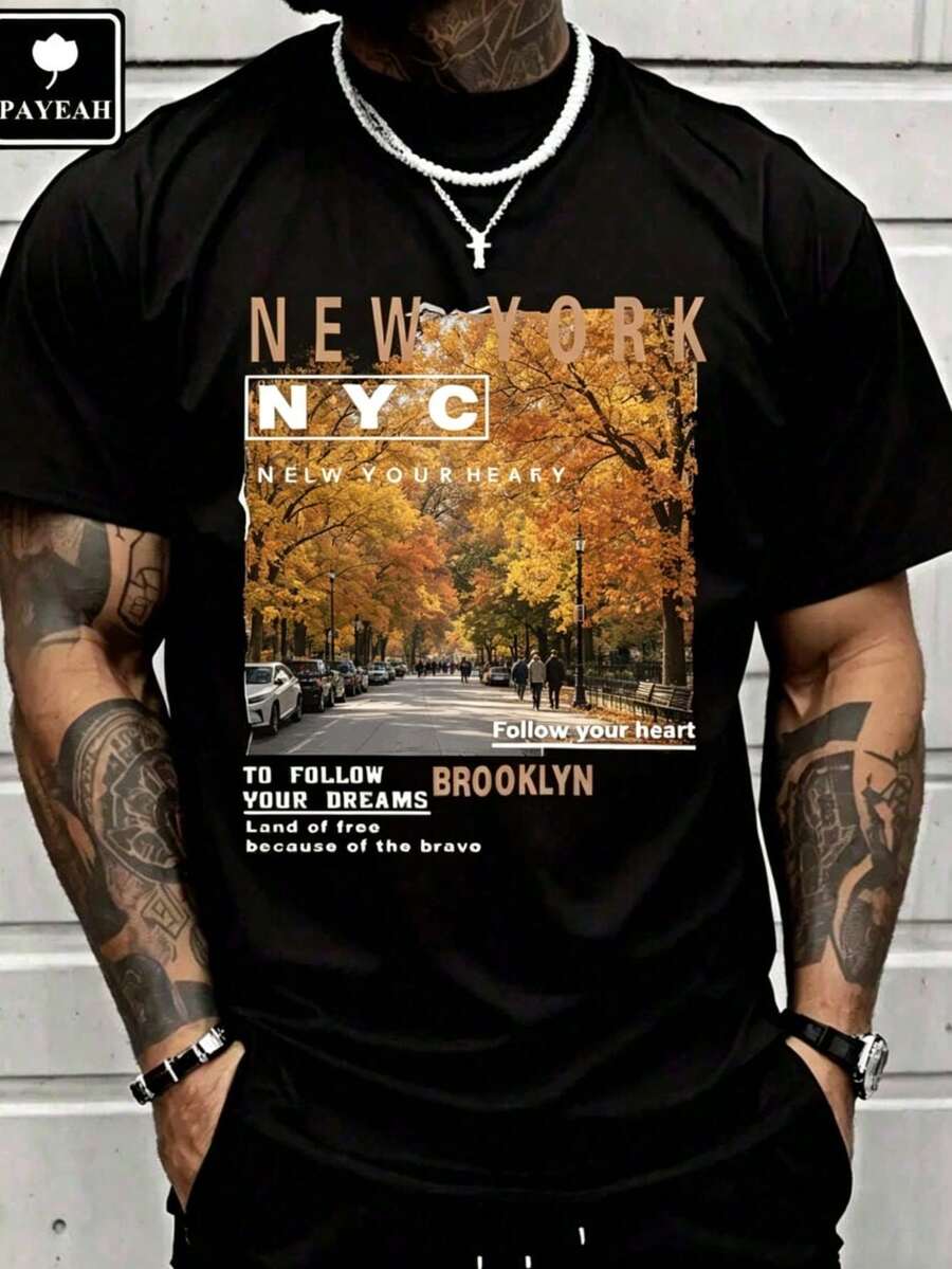 Men's Casual Streetwear, New York Street Style, Brooklyn,  T-Shirts, Men's Short-Sleeve Printed Casual T-Shirts - Basic Summer T-Shirts For Men - 黑色 - 查看 1