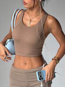 High-Impact Yoga Tank Top Women's Anti-Shock Sports Bra Push-Up Shaping One-Piece Fitness Bra - Camel - View 4