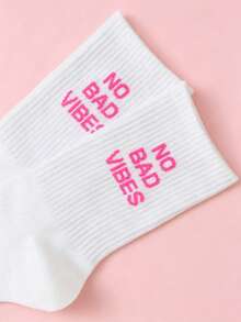 1 Pair Women's NO BADVIBES Letter Print Crew Socks, Casual Ribbed Knit Mid-Calf Socks, Fashionable Daily Sports Comfortable Socks - Multicolor - View 3