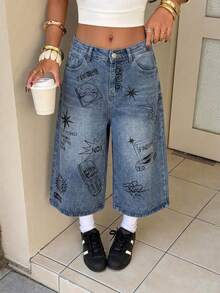 Summer American Retro Graffiti 7/8 Length Loose Fit High Waist Wide Leg Denim Shorts - Blue - View 3