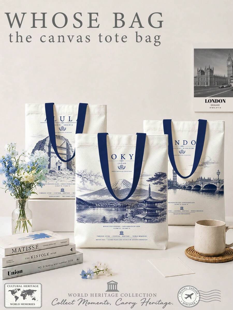 World Heritage Landmark Sketch Tote Bag, 3 Cities Optional: Mount /London/AlUla, Vintage Blue Print Large Capacity Canvas Bag, French Blue Pen Drawing Effect Pattern, Thick Fabric, Washable, Non-Deforming And Non-Fading, Suitable For Commuting, School, Short Trips, Store Visits, Artistic Outings, Versatile Item For Global Travel Enthusiasts, World Heritage Collection Series, Perfect For Gifts Or Personal Use - Multicolor - View 1