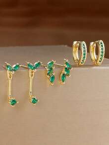 3 Pairs/6pcs Set Exquisite Leaf Zirconia Small Earring Set, 18K Gold Plated, Unique Adjustable Ear Cartilage Studs, Ear Piercing Jewelry - 6pcs Earrings Set - View 4