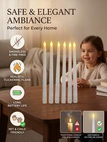 1-12pcs LED Flameless Flickering Candles, Battery Operated LED Taper Flickering Candles, Flameless LED Electronic Candles, Realistic Candles, Suitable For Wedding Decoration, Party, Dining Table, Home, Room, Christmas Decoration, Thanksgiving Decoration, Halloween Decoration - White - View 4
