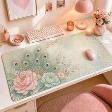 Macaron Peacock Garden Large Desk Mat, Elegant Floral Feather Mouse Pad For Women, Mint Pink Keyboard Pad, Non-Slip Extended Office Gaming Mouse Pad, Exquisite Vanity Study Desk Decor Gift, Suitable For Laptop PC Set - View 2