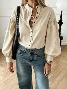 YI XUAN Plus Size Women's Linen Fabric Long Sleeve Shirt, Stand Collar Shirt, Women's Casual Shirt, School Uniform Shirt, Elegant Women's Shirt - Apricot - View 6