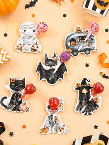 48pcs Halloween Lollipop Decoration Cards, 6 Styles Vintage Floral Black Cat Witch Mummy Skeleton Camper Cutout Candy Cards, Halloween Party Candy Packaging Labels, 2026 Halloween Decor, Halloween Party Supplies, Trick Or Treat, Ghost Party Decoration - Halloween B - View 5