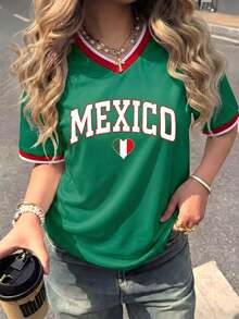 Loose-Fitting Women's T-Shirt, Printed With The Colors Of The National  And The Mexican Flag, Ideal For The National Team. Comfortably Soft For Everyday Wear. - 薄荷綠 - 查看 1