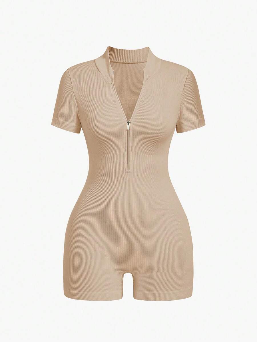Ribbed Knit Jumpsuit With Half Zip - Camel - View 1