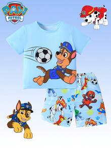2pcs/Set PAW Patrol Boys' Outfit, Includes Blue Cartoon Puppy Print Short Sleeve T-Shirt And Shorts, Comfortable Sleepwear/Loungewear For Daily, Holiday, Gift - Baby Blue - View 1
