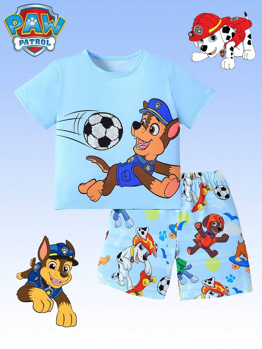 2pcs/Set PAW Patrol Boys' Outfit, Includes Blue Cartoon Puppy Print Short Sleeve T-Shirt And Shorts, Comfortable Sleepwear/Loungewear For Daily, Holiday, Gift - Baby Blue - View 1