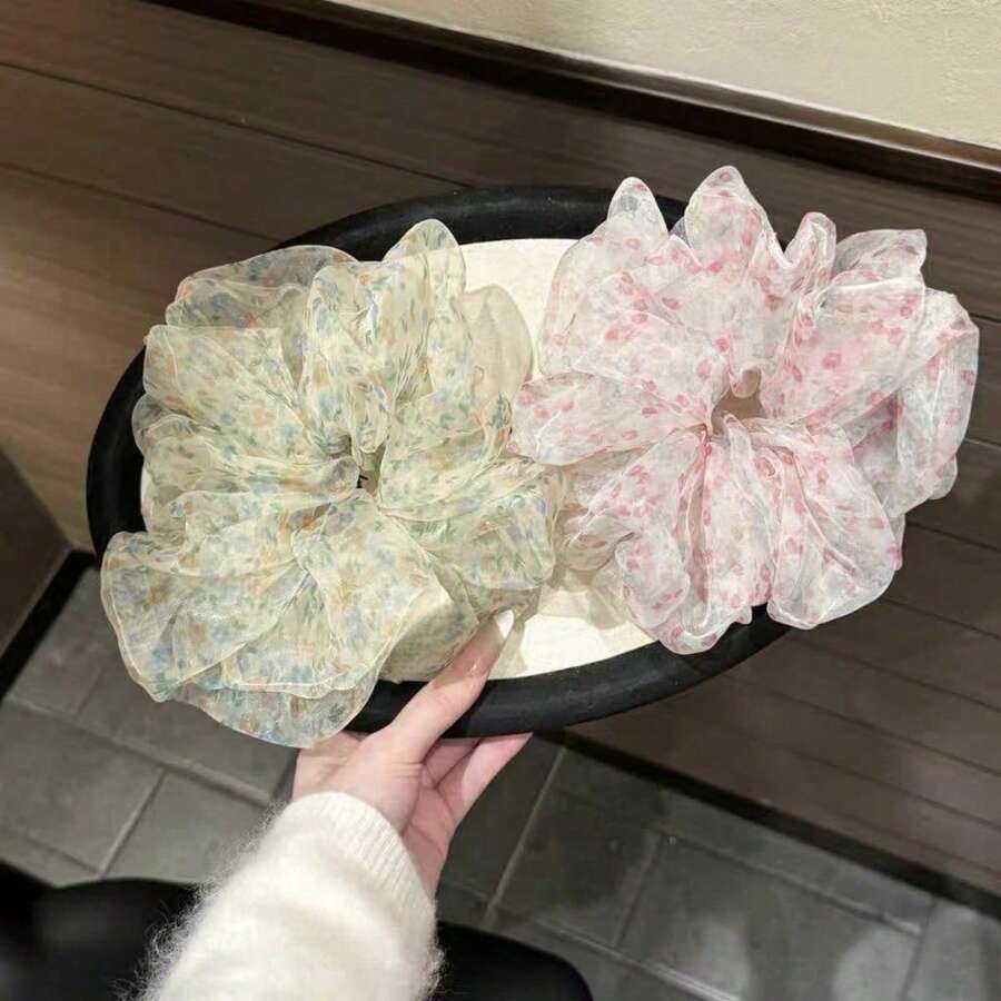 2pcs Women's Fresh Floral Scrunchies, Suitable For Daily Use, Home, School, Beach, Work, Party, Holiday, Birthday, Back To School, New Year, Valentine's Day, Mother's Day, Christmas, Wedding, Music Festival, Graduation, Spring/Summer Ponytail Hair Ties Elastic Rubber Band - Multicolor - View 1