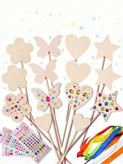 6pcs/12pcs Princess DIY Magic Wand Handmade Set, Includes 6 Unfinished Wooden Fairy Shapes (Flower, Butterfly, Heart, Star, Crescent Moon, Crown) And 6 Wooden Rings With Stickers (Random Color Combination), Educational DIY Wooden Handmade Set