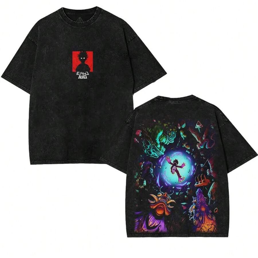 Vintage Washed T-Shirt, Thick Cotton With Double Graphic Illustrative Print, Unisex Cut, Variety Of Sizes, Casual Garment, Urban Fashion, Manga Style - 黑色 - 查看 1