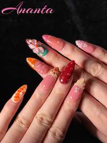 10pcs Almond Shaped Acrylic Press-On Nails, Handmade 3D Floral Design, Water Drop Shape, French Tie Dye Gradient Blended Nails, Summer Vibe Hot Girl Style, Wearable Nails For Party, Wedding, Daily Wear, With Tool Kit, Suitable For Girls And Women - Multicolor - View 4