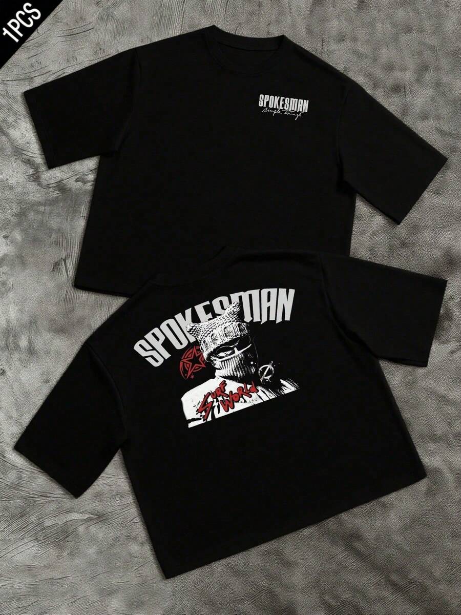 Vintage Double-Sided Mask Icon, Streetwear Style, Men's Clothing, Cool Spokesman Theme, Digital Print T-Shirt, 100% Cotton, Y2K Graphic Tee, Gifts For Boyfriends, 1 Piece - 主圖色 - 查看 1