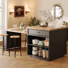 Extendable Kitchen Island (120-184 Cm) With Drawers And Casters, Mobile Island With Wood-Effect Top, Versatile Countertop For Kitchen, Dining Room And Bar, White - 黑色 - 查看 6